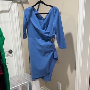 Alex Evenings Asymmetrical Blue Dress with Brooch